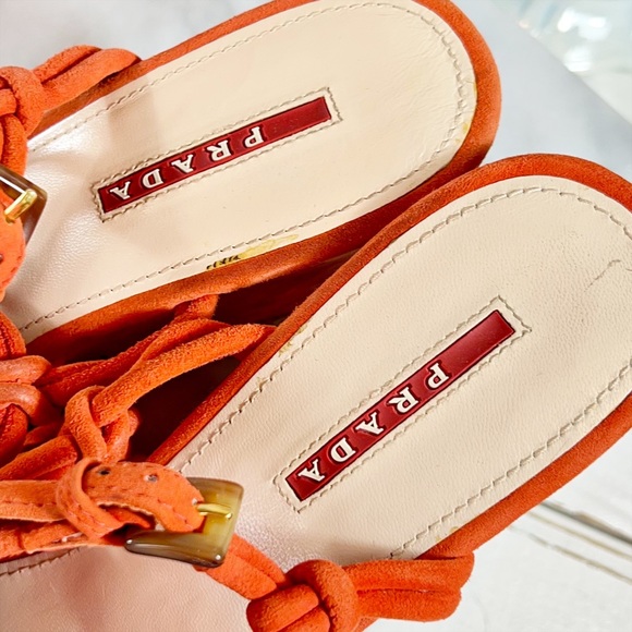 Prada Orange Suede Strappy Wedge Sandals - Picture 7 of 8